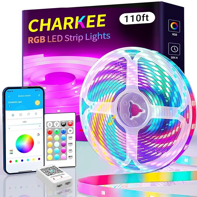 CHARKEE 110FT LED Strip Lights for Bedroom, RGB Color Changing Lights with Music Sync, Bluetooth App & Remote Control, 24V LED Light Strip for Room, Kitchen, Party & Home Decor (1 Roll)