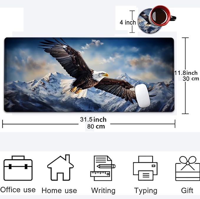 Large Mouse Pad, 31.5 x 11.8in Extended Gaming Mouse Pad with Stitched Edges, XXL Mousepad Protector Non Slip Rubber Base for Office and Home Writing Mat, Eagles in The Sky Pattern Desk Mat