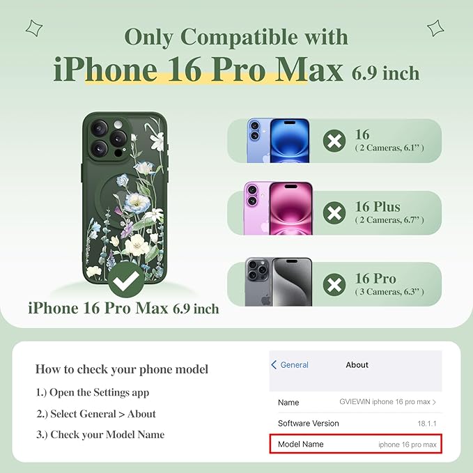 GVIEWIN for iPhone 16 Pro Max Case Compatible with MagSafe, [Military Grade Protection] [Screen Protector] Full Camera Protection Floral Translucent Women Magnetic Phone Case, Aquilegia/Forest Green