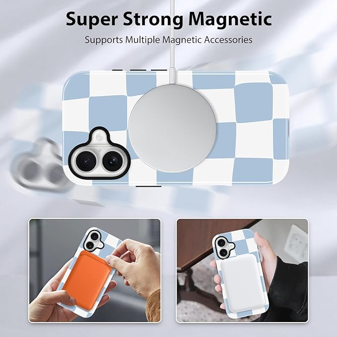 KANGHAR Compatible with iPhone 17 Case, Support for MagSafe, Silicone Checkered Cute Pattern, Finger Hold Wristband Kickstand Camera Protection Soft Slim Phone Case for Girls Women -Light Blue