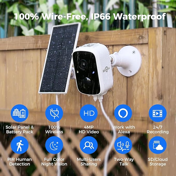 Hiseeu Solar Security Cameras Wireless Outdoor 2 Pack, Battery Powered 3K 4MP wifi Cameras for Home Surveillance, PIR/AI Motion Detection, Waterproof, Color Night Vision, 2-Way Audio, Cloud/SD Storage
