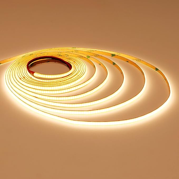 TOPAI 12V Thin 3mm COB LED Strip 3000K Warm White 16.4ft Bright CRI>90 Uniform Dotless 400LEDs/M Adhesive Flexible Cuttable LED Tape Light for DIY, Bedroom, Under Cabinet Lighting