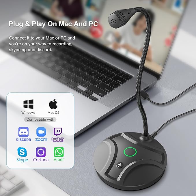 Plug & Play USB Computer Microphone, Flexible Gooseneck & Mute Button LED – Desktop Microphone for Gaming, YouTube, Streaming, Compatible with Windows/Mac (1.8m /6ft)