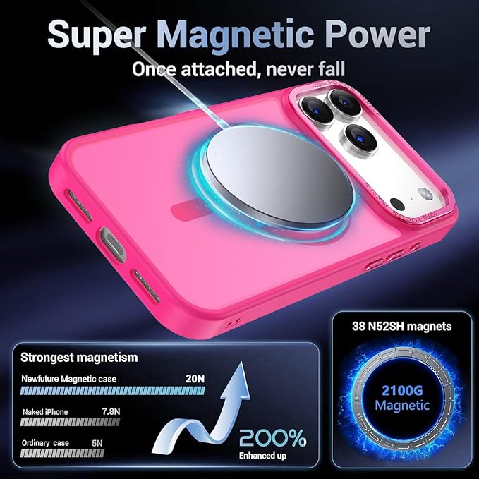 Newfuture Magnetic for iPhone 17 Pro Case [Compatible with Magsafe] [Military Grade Drop Protection] Translucent Matte Anti-Scratch Shockproof Protective Phone Cover 6.3 Inch, Hot Pink