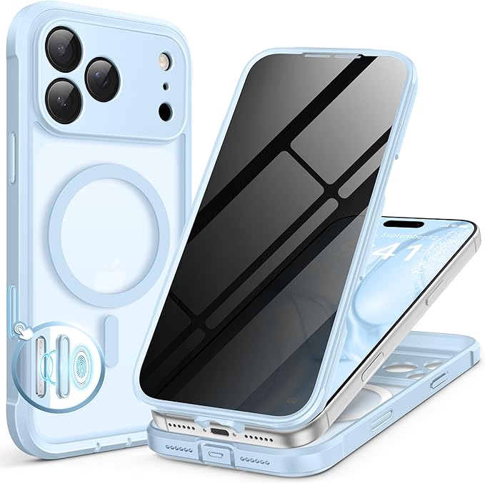 BERFY for iPhone 17 Pro Max Case, Compatible with MagSafe, Built-in Privacy Screen Protector, Camera Protection, Shockproof Full Body Phone Case 6.9", Translucent Light Blue