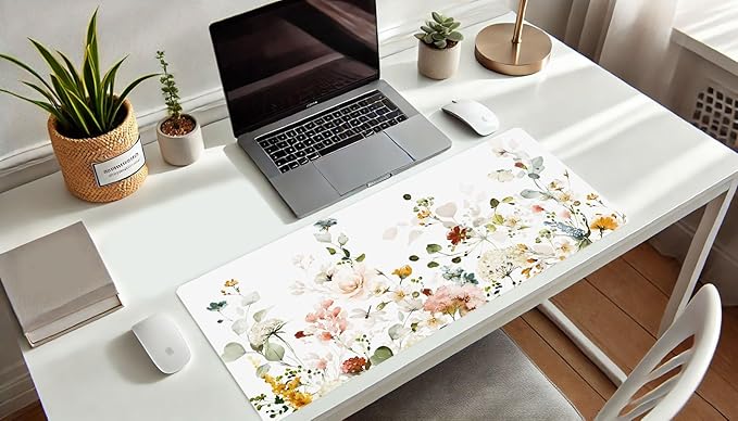 French KOKO Desk Mat, Large Desk Pad Large Mouse Pad Cute Desk Accessories Home Office Essentials XL Desk Mat Desk Pad Keyboard Mouse Desk Pads Computer Cute Women Girls (Floral White, 36" x 16.5")