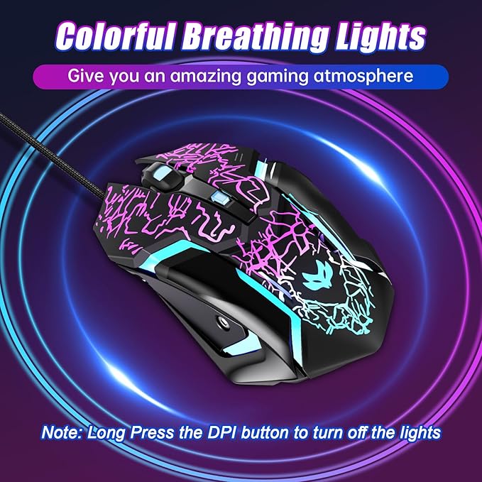 Gaming Mouse, 4 DPI Settings Up to 3600 DPI, Light Up RGB Ergonomic Optical Gaming Mice for Laptop/mac, Computer Wired USB Mouse, 7 Colors LED Backlight, 6 Buttons-Black