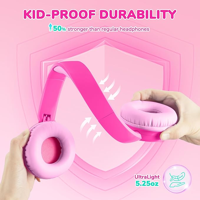 iClever BTH22 Kids Bluetooth Headphones, 60H Play Time, 74/85 dBA Safe Volume, Bluetooth 5.4, USB C, Over Ear Kids Headphones Wireless with Mic AUX Cord for iPad/Tablet/Travel, Blossom Pink