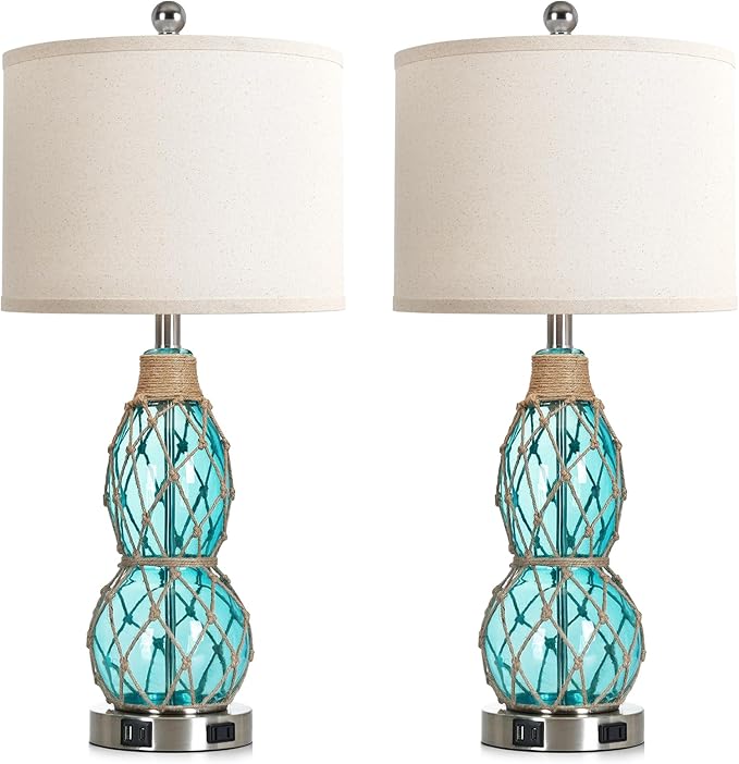 Rinweey 26" Coastal Glass Table Bedside Lamps Set of 2, 3-Way Dimmable Touch Lamps with USB Ports and AC Outlet, Nautical Nightstand Lamps for Bedroom Living Room,Teal