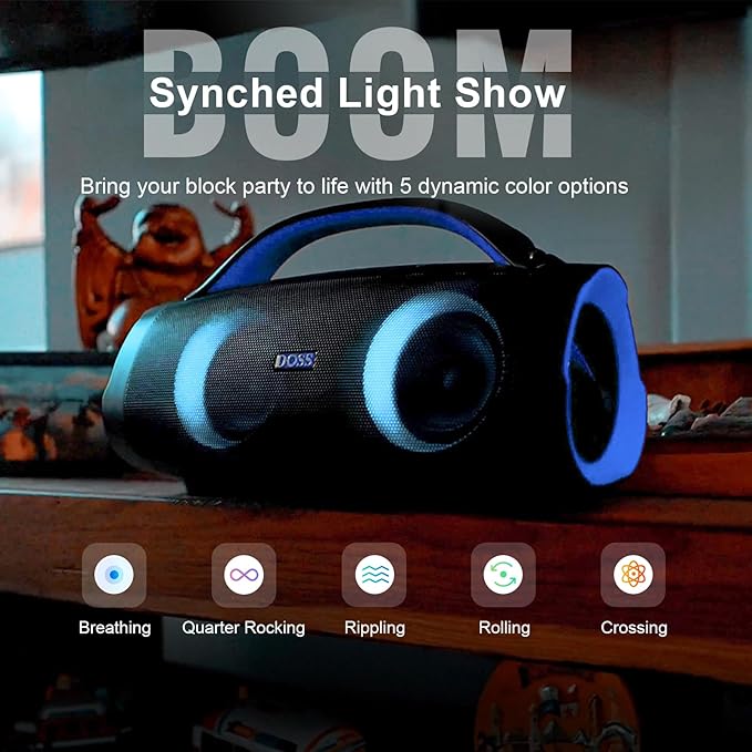DOSS Extreme Boom Pro 100W Portable Speaker, 2+2 Channel, Deep Bass, IPX6 Waterproof, Bluetooth 5.3, 20H Playtime, Power Bank, Dynamic RGB Lights, Outdoor Speaker for Camping, Beach, Poolside - Blue