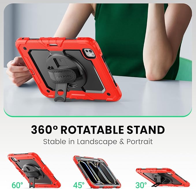 SEYMAC for iPad Pro 11 Inch Case M5 2025 / M4 2024, Heavy Duty Shockproof Protective Case with Screen Protector, 360° Rotating Stand, Hand/Shoulder Strap and Pen Holder, Red