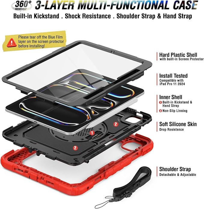 iPad Pro 11 Inch M4 Case 2024 for Kids with Screen Protector Pen Holder | Heavy Duty Shockproof Cover W/Stand Hand Strap Shoulder Strap for iPad Pro 11'' Model A2836/A2837/A3006 | Red