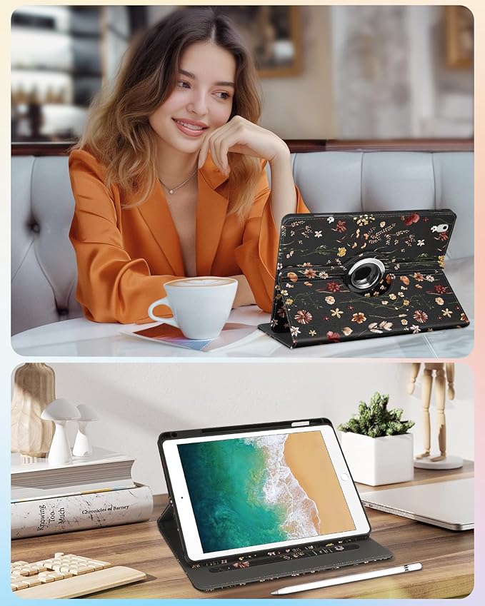 Kidcube for iPad 5th Generation Case 2017/Air 1st 2013/Pro 9.7 Inch Case 2016 - Women Girls Kids Cute Rotating Stand Folio Cover with Pencil Holder & Card Slot Girly Flowers Floral Unique Design Cover