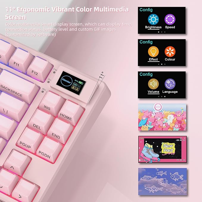 Womier 75% Pink Keyboard Wireless with Color Multimedia Screen, Creamy Mechanical Gaming Keyboard, 3-Modes Hot Swappable Cute Key Board w/Wrist Rest, Gasket RGB Custom for Mac/Win (SK80 PRO)