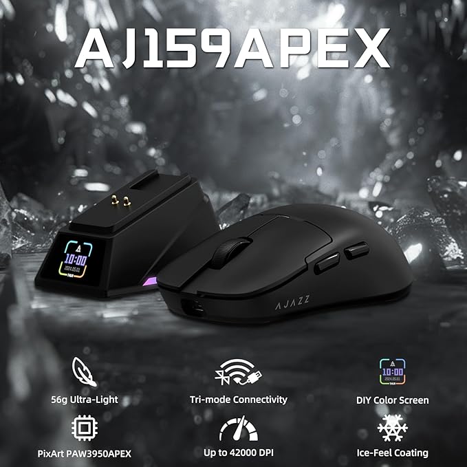 Yindiao AJAZZ AJ159 APEX Wireless Gaming Mouse with Magnetic Charging Base, 56g Lightweight BT/2.4G/USB-C Wired Mouse, PAW3950APEX 42K DPI Optical Sensor, Programmable Buttons for PC/Mac/Win(Black)