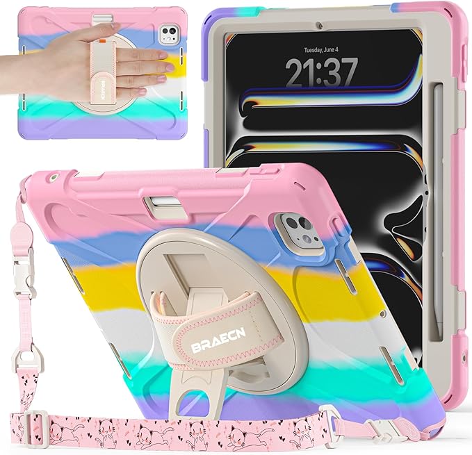 BRAECNstock Kids Case for Apple iPad Pro 11 inch M5 2025/ M4 2024, Shockproof Protective with Pencil Holder, 360° Rotating Hand Strap & Stand, Shoulder Strap for iPad Pro 11 M5/M4, Colorful Pink