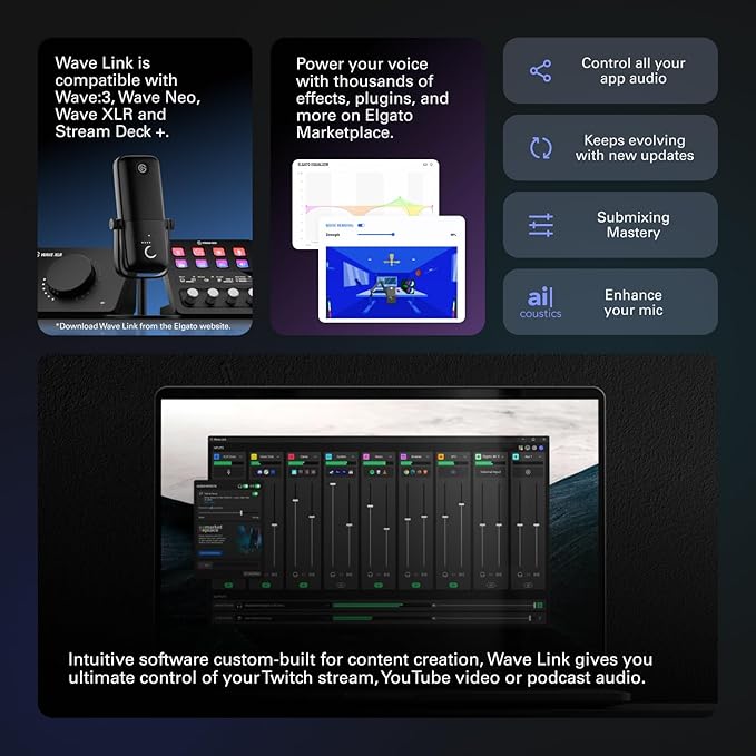 Elgato Wave:3 - Premium Studio Quality USB Condenser Microphone for Streaming, Podcast, Gaming and Home Office, Free Mixer Software, Sound Effect Plugins, Anti-Distortion, Plug ’n Play, for Mac, PC