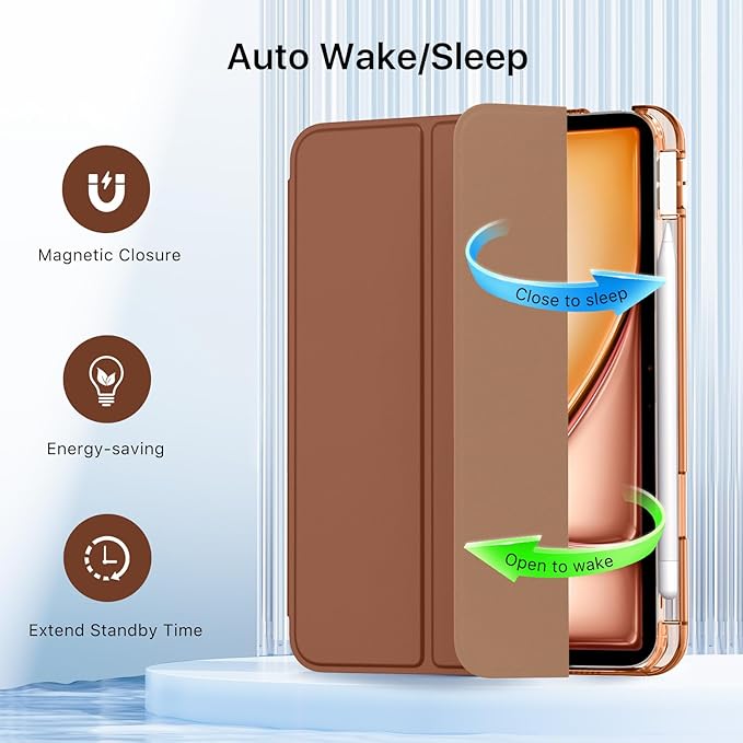MoKo for iPad Air 11 inch Case (M4/M3/M2) 2026/2025/2024, iPad Air 5th/4th Gen 10.9 inch Case 2022/2020 with Pencil Holder, Slim Light Trifold Cover with Hard PC Translucent Back Shell, Brown