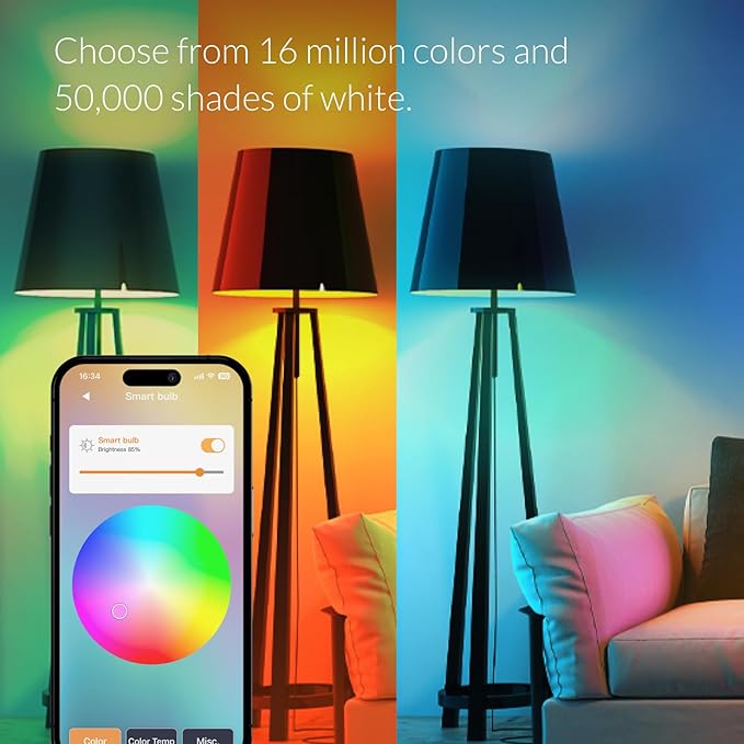 ERIA Colors and White A19 Dimmable CRI 90+ Smart Bulb Works with Hue*, SmartThings, HA, Amazon Echo (4th Gen), Alexa, HA, Google Assistant (Extra Bright – 2-Pack)