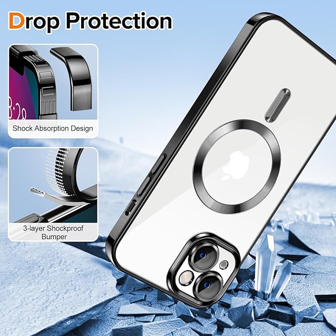 Hython Magnetic Clear for iPhone 13 Case with Camera Lens Protector [Compatible with MagSafe] Luxury Plating Edge Slim Soft TPU Cover Protective Phone Case for iPhone 13 6.1", Black