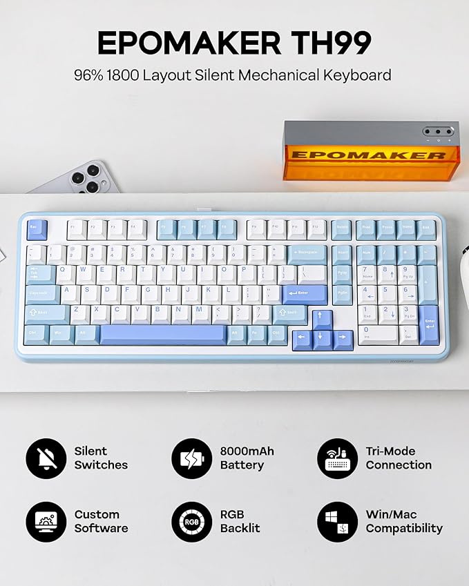 EPOMAKER TH99 Tri-Mode Wireless Mechanical Keyboard with 8000mAh Battery, Hot Swappable Custom RGB Gaming Keyboard with Numpad, Gasket Creamy for PC/Mac/Office (Blue&White, Sea Salt Silent)