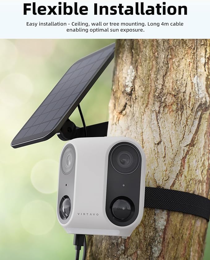 VIRTAVO Solar Security Camera Outdoor Wireless, Dual Lens Camera with Free AI Detection, Color & IR Night Vision, Optional Cloud & Local Storage, No Subscription, IP65, 2.4GHz WiFi