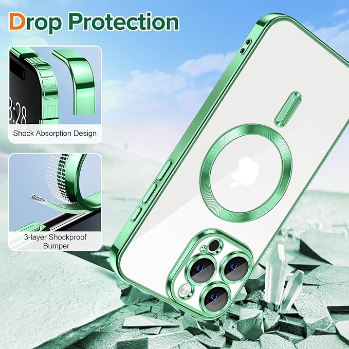 Hython Magnetic Clear for iPhone 16 Pro Case with Camera Lens Protector [Compatible with MagSafe] Luxury Plating Edge Slim Soft TPU Cover Protective Phone Case for iPhone 16 Pro 6.3", Light Green