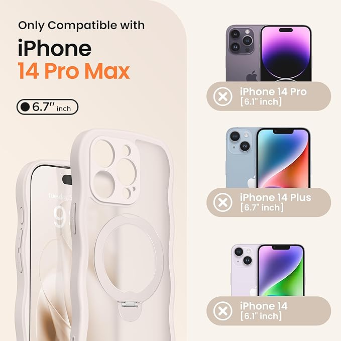 CAPRARO for iPhone 14 Pro Max Case with 360° Spin Magnetic Stand for Women, [Compatible with MagSafe] [Full Camera Protection] Cute Wave Translucent Matte Case for iPhone 14 Pro Max, Stone