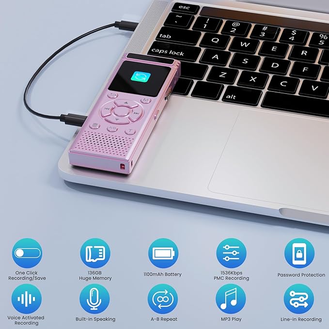 136GB Digital Voice Recorder with Playback,9000 Hours Audio Recording Device,Voice Activated Recorder with Noise Reduction,A-B Repeat,Mp3 Player & Password for Lectures Meeting/Classes/Interviews,Pink