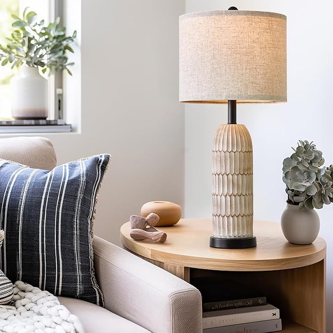 OYEARS 26.5" Bedside Table Lamps Set of 2, Farmhouse Table Lamp with USB A+C Charging Ports,Vintage Nightstand Lamp for Bedrooms and Living Rooms, Retro Resin End Table Lamp with Linen Shade,Black