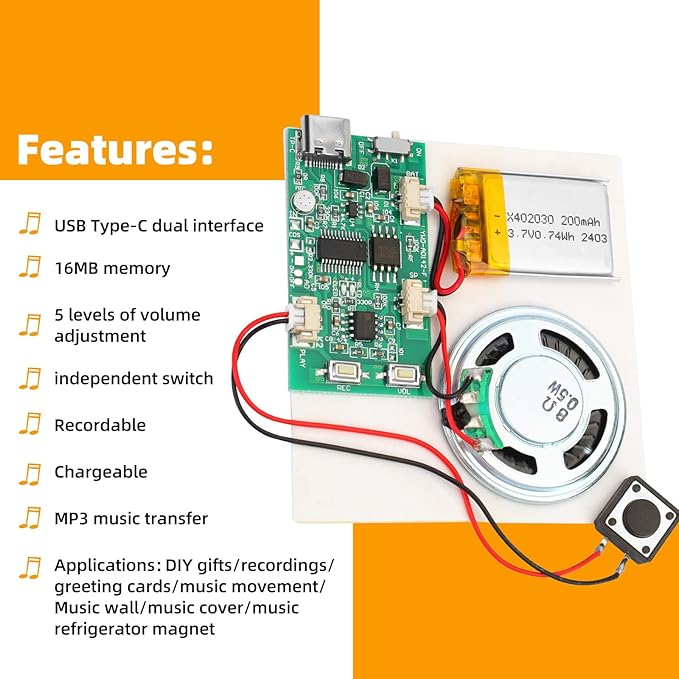 5PCS Programmable Sound Recorder Module - DIY Music Voice Recording Module Chip with Speaker, Can Recording 16 Minutes Sound Music for Personalized Greetings, Holiday Crafts Cards