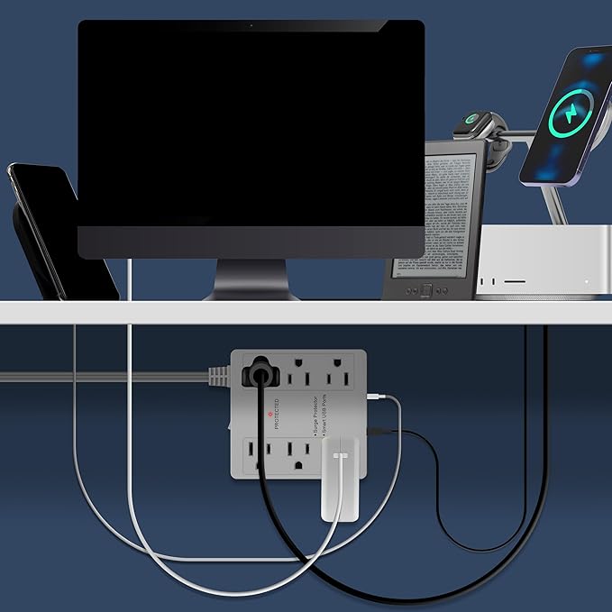 LIDER Surge Protected Outlet Extender, 6-Outlet Power Strip, 1 USB Type-A, and 1 USB Type-C Port, Surge Protect Up to 1500J, Ultra-Thin Wall Plate Plug with Cord Extender, 5ft Cord, ETL-Listed, White