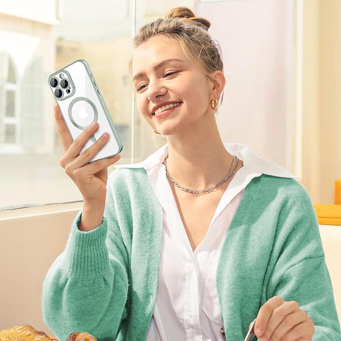 Hython Magnetic Clear for iPhone 15 Pro Max Case with Camera Lens Protector [Compatible with MagSafe] Plating Edge Slim Soft TPU Cover Protective Phone Case for iPhone 15 Pro Max 6.7", Matte Mint