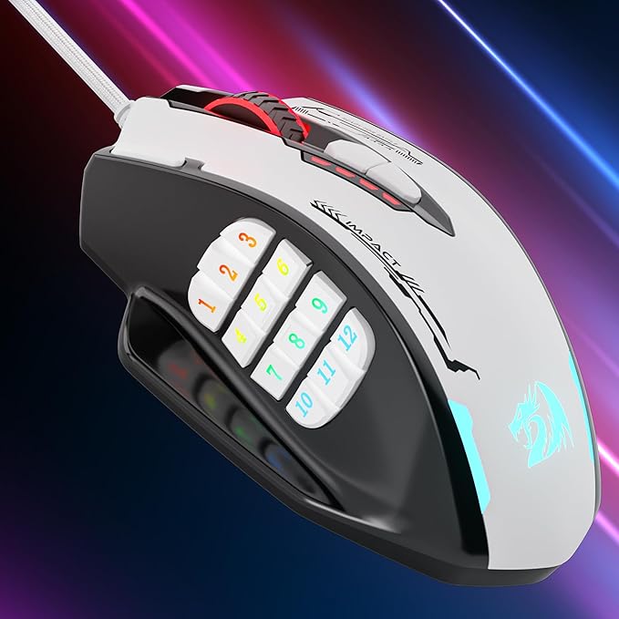 Redragon M908 Impact RGB MMO Gaming Mouse, Optical Wired Ergonomic Mouse with Max 24,000 DPI, High Precision, 18 Programmable Macro Shortcuts, Comfort Grip, Black & White