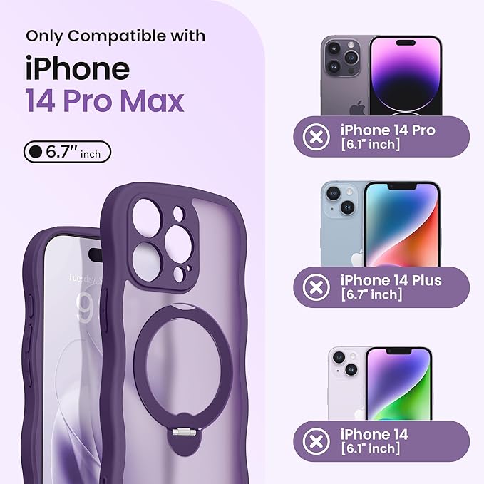 CAPRARO for iPhone 14 Pro Max Case with 360° Spin Magnetic Stand for Women, [Compatible with MagSafe] [Full Camera Protection] Cute Wave Translucent Matte Case for iPhone 14 Pro Max, Deep Purple