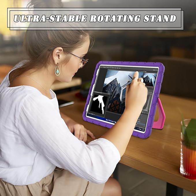 for iPad Pro 12.9 Case 3rd 4th 5th 6th Generation with Pencil Holder & 360° Rotating Handle Stand, New Cute Rugged Cover for iPad Pro 12.9 inch 2022/2021/2020/2018 - Purple
