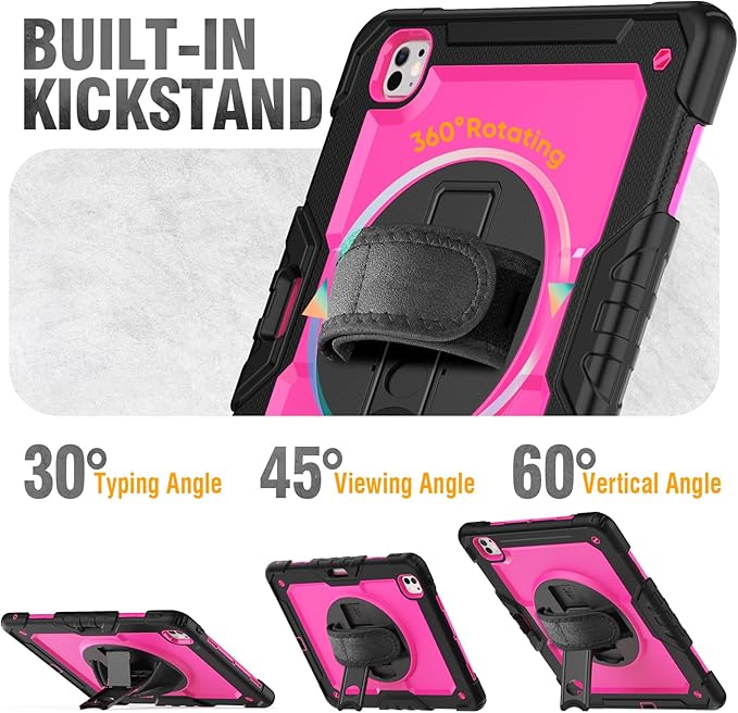 HXCASEAC for iPad Pro 13 Inch Case (M5/M4) 2025/2024, Shockproof Design with Pencil Holder, Protector, Rotating Stand, Hand Strap, Heavy Duty Protective iPad Pro13 Cover A3360 A3361 A2925 A2926, Rose