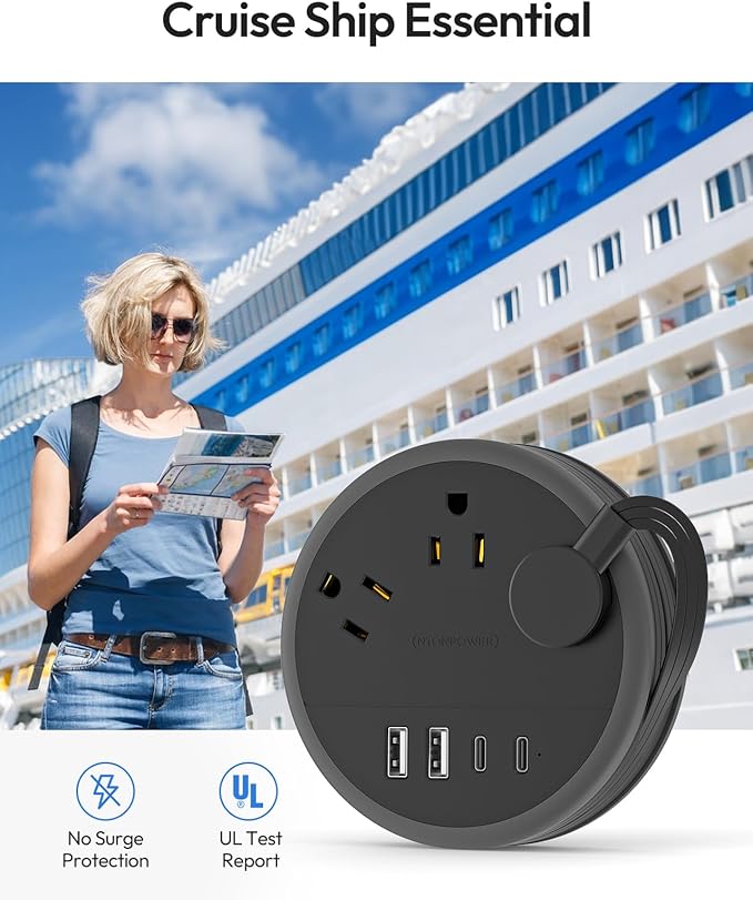 NTONPOWER Flat Plug Extension Cord, 2 USB C Travel Power Strip with 3 Outlets 4 USB Ports, 4ft Flat Extension Cord, Portable Power Strip Mountable for Travel Cruise Ship Essentials Home Black