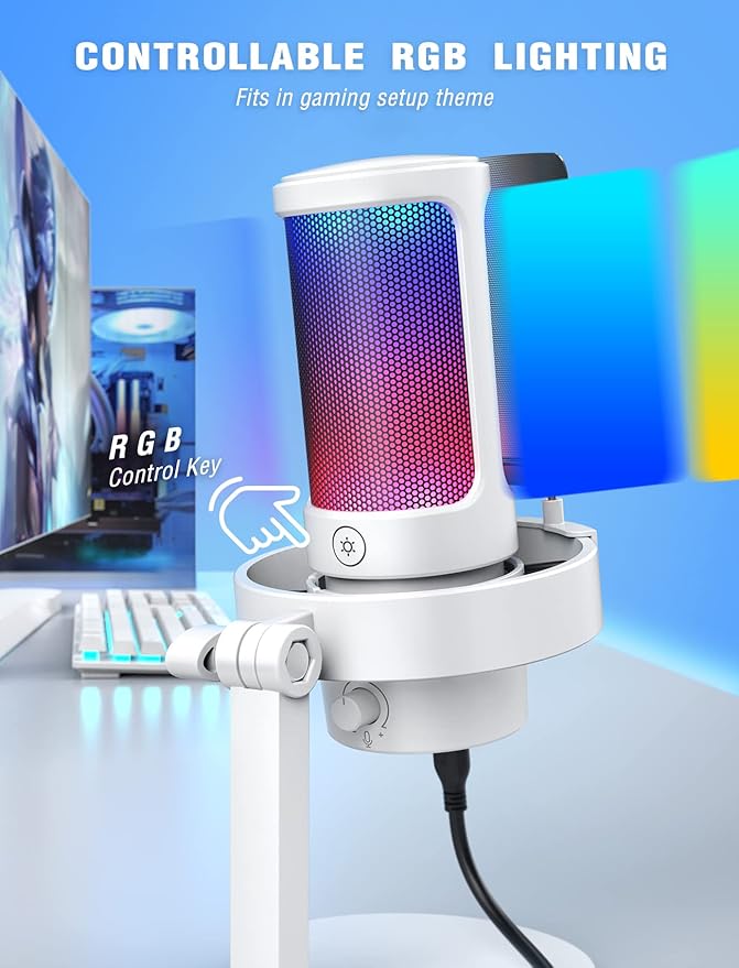 FIFINE Gaming USB PC Computer RGB Microphone for Live Streaming, Meeting, Podcasting, Video, Condenser Mic with Monitoring Headphone Jack, Light Control, for MAC OS/Windows-AmpliGame A8 White