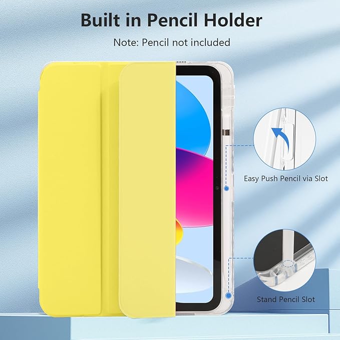 Case for iPad A16 11th Generation 11" 2025, iPad 10th Generation 10.9 Inch 2022, Hybrid Protective Cover with Pencil Holder, Clear Transparent Back Shell Anti-Yellowing Case, Yellow