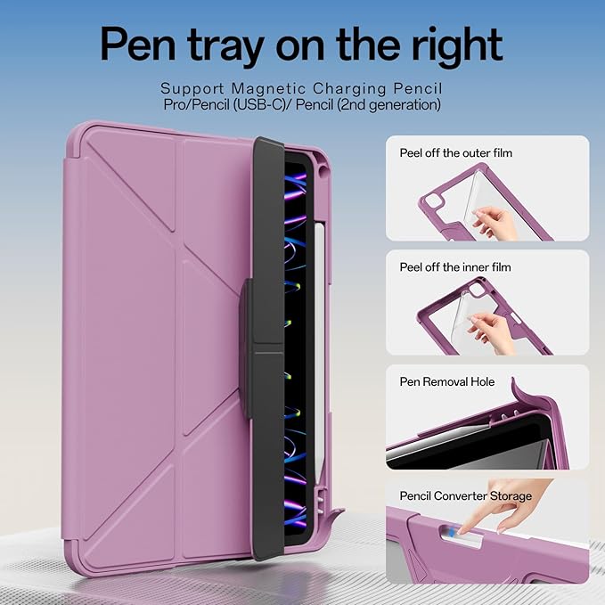 Case for iPad Pro 11 inch (4th/3rd/2nd Generation) 2022/2021/2020 with Clear Back, Multi-Angle Stand, Soft Silicone & Shockproof Tablet Protective Case (Purple)