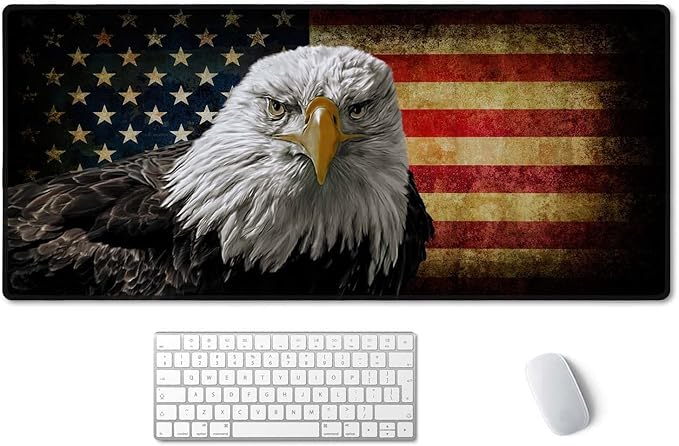 SSOIU Extended Gaming Mouse Pad - Non-Slip Water-Resistant Rubber Base Computer Keyboard Mouse Mat, 35.5x15.7-inch XX-Large Desk Mat, Ideal Partner for Work & Game, American Bald Eagle on Grunge Flag