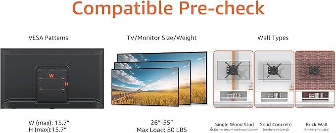 Amazon Basics Full Motion Articulating TV Wall Mount, with Swivel and Tilt, for 26" to 55" TVs and Flat Panels up to 80 Lbs, VESA Compatible, Single Stud, Black
