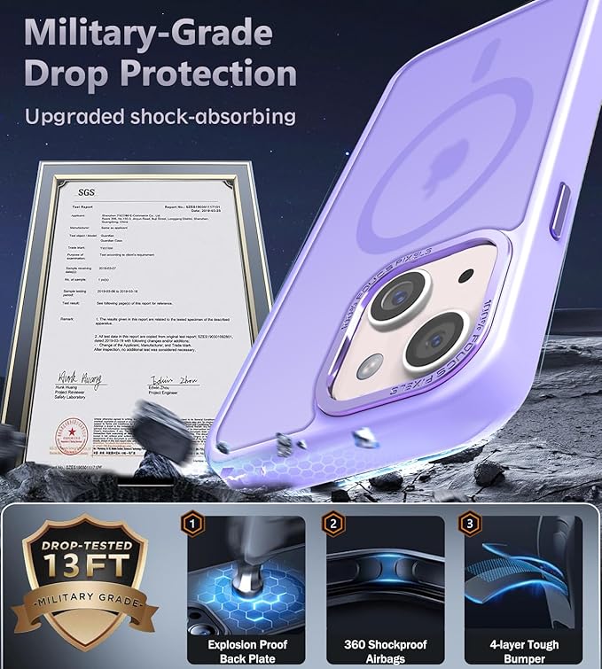 Newfuture Magnetic for iPhone 15 Case [Compatible with Magsafe] [Military Grade Drop Protection] Translucent Matte Anti-Fingerprint Shockproof Phone Case for iPhone 15 6.1 inch, Lilac Purple