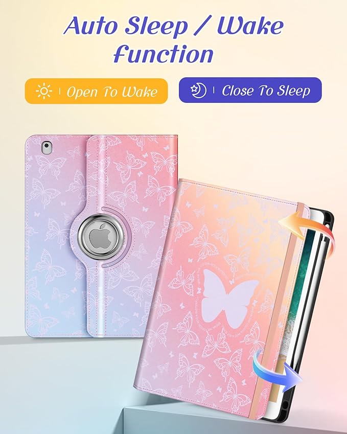 Kidcube for iPad 5th Generation Case 2017/Air 1st 2013/Pro 9.7 Inch Case 2016 - Women Girls Kids Cute Rotating Stand Folio Cover with Pencil Holder & Card Slot Girly Kawaii Butterfly Design Cover