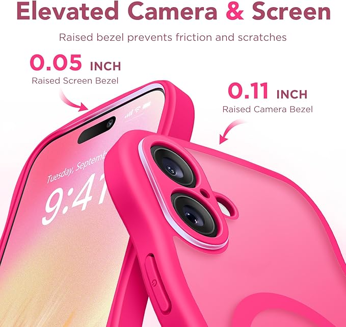 CAPRARO for iPhone 16 Plus Case for Women Girls, Upgraded [Full Camera Protection] [Compatible with MagSafe] Cute Wave Translucent Matte Phone Case for iPhone 16 Plus, Hot Pink