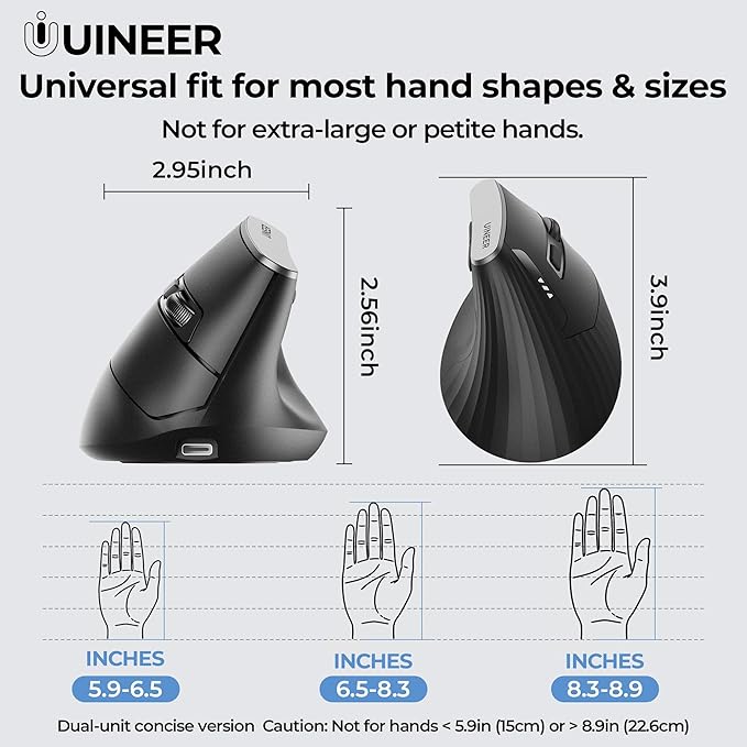 Uineer Ergonomic Vertical Wireless Mouse, 2.4G with USB Receiver, 2400 DPI Optical Sensor, 4 Adjustable DPI Levels, Rechargeable with Battery Indicator, Wide Compatibility with Windows & Mac OS-Black