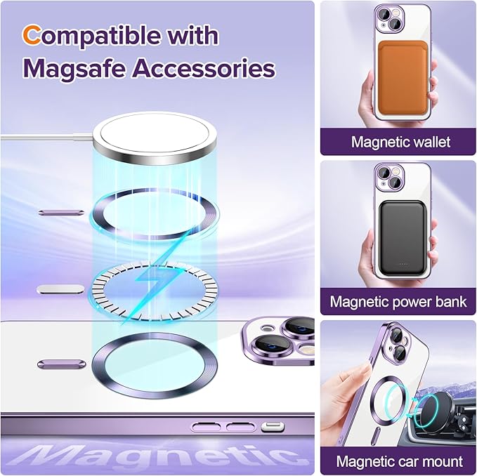 Hython Magnetic Clear for iPhone 14 Plus Case with Camera Lens Protector [Compatible with MagSafe] Luxury Plating Edge Slim Soft TPU Cover Protective Phone Case for iPhone 14 Plus 6.7", Deep Purple