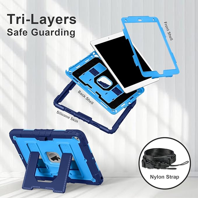 Kids Friendly Case for Apple iPad 10.2" 9th 8th 7th Generation 2021/2020/2019 Case with Pencil Holder & Shoulder Strap, Military Grade Shockproof Kickstand Hard Shell Protective Cover,Blue