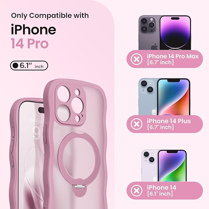 CAPRARO for iPhone 14 Pro Case with 360° Spin Magnetic Stand for Women, [Compatible with MagSafe] [Full Camera Protection] Cute Wave Translucent Matte Case for iPhone 14 Pro,Black Currant